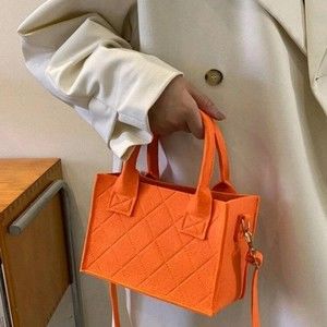 New Pumpkin-Orange Square Bag Stitch Detail Double Handle & Crossbody Strap